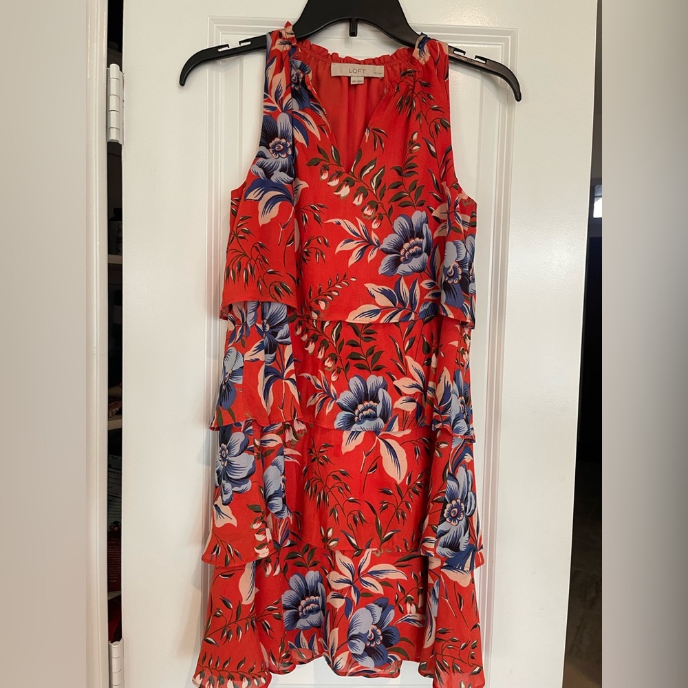 LOFT Red and Blue Floral Dress (petite)